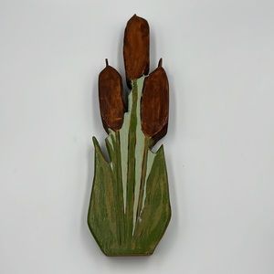 Handcrafted cattail wooden art, MCM, brown , green ,